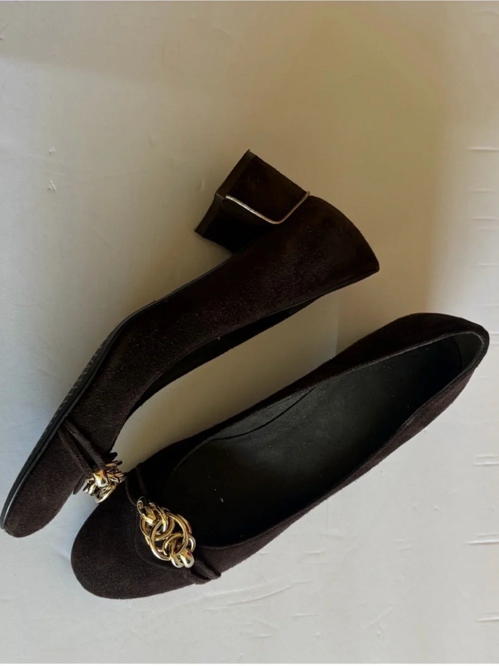 Stuart Weitzman Vintage Brown Suede Gold Block Heel Loafers